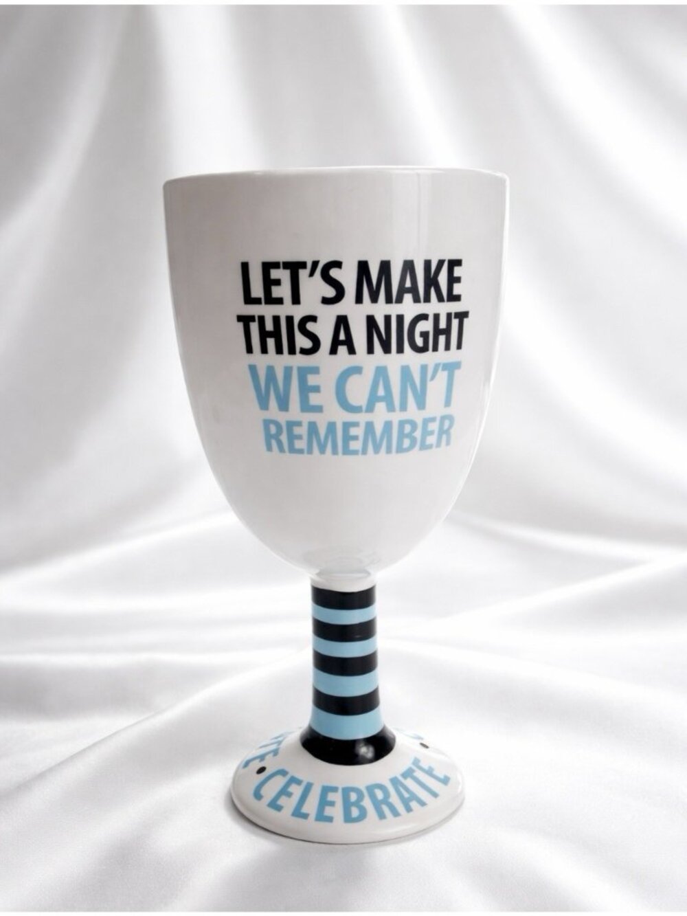 Laurie Veasey “Happy Whatever” Wine Goblet Mud Pie Humor Cup 7.5” Blue Black